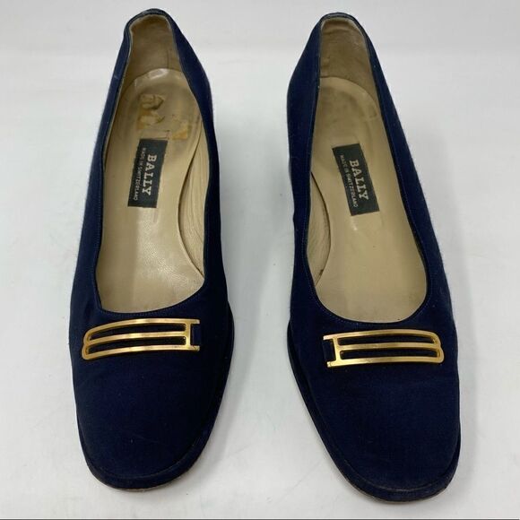Sold! Bally Sz 7 Blue Pandar Gold Accents Career Slip On Designer Chunky Pumps - Picture 4 of 13